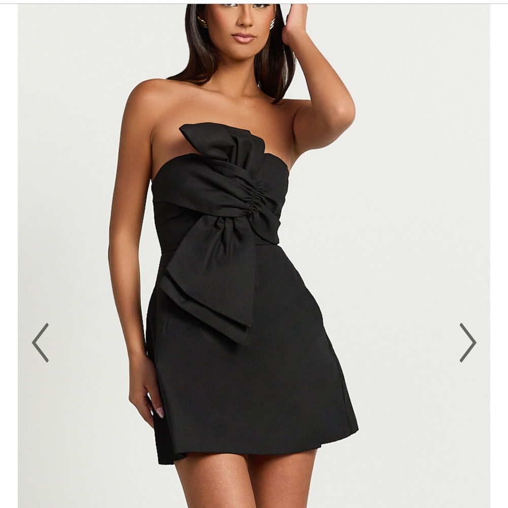 CHIKA DRESS - LINEN STRAPLESS FRONT BOW DRESS IN BLACK-Showpo Brand size 16 NWT